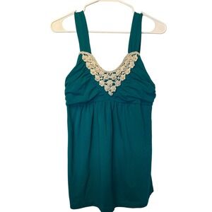 VINTAGE Y2K Say What Teal Ruched Tank Top Crochet Lace Pearl Embellishment Fairy